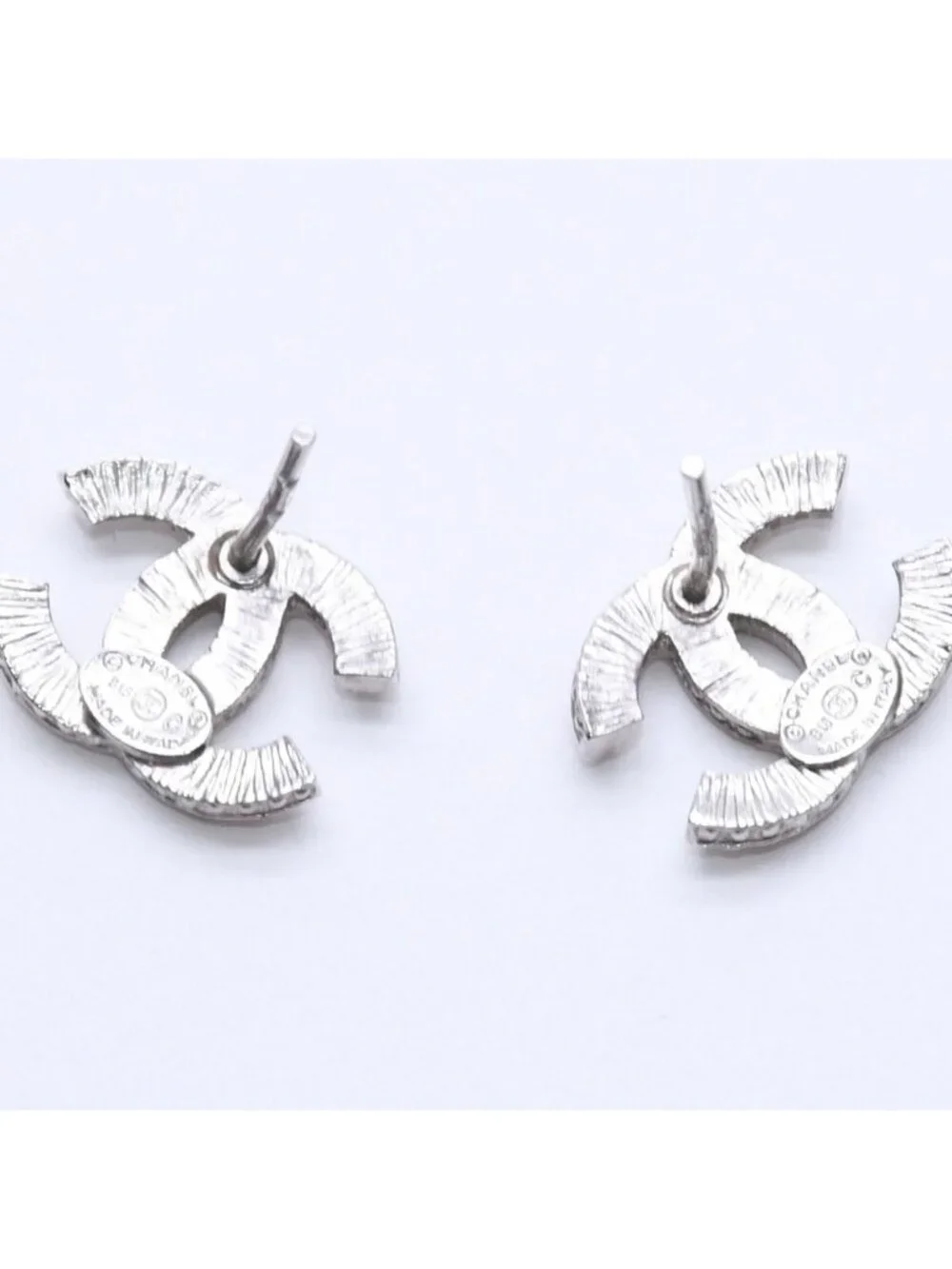 Chanel CC Logo Earrings 15 Rhinestone Metal Silver Clear